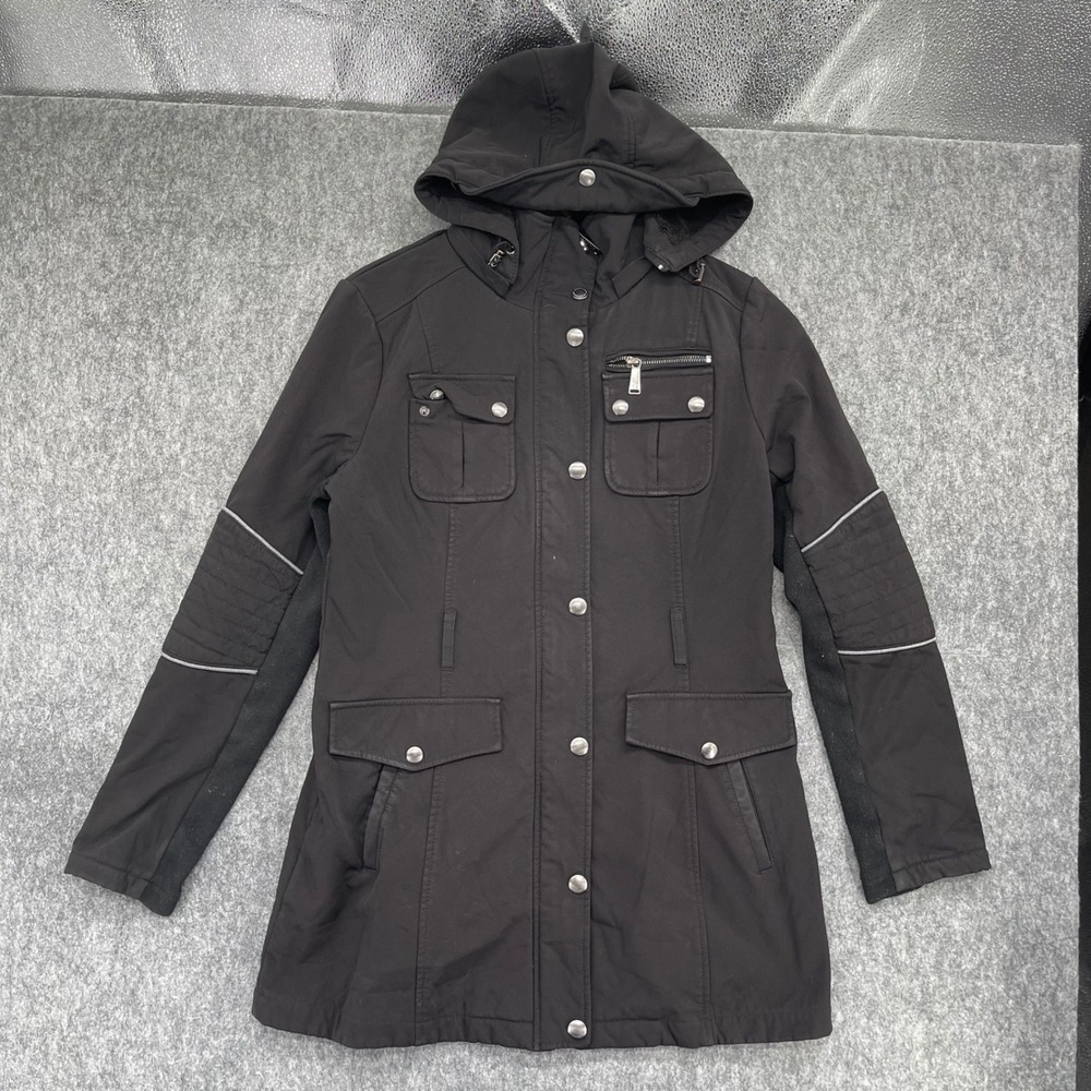 BCBGeneration Jacket Womens Medium Black Utility Removable Hood Moto Detail